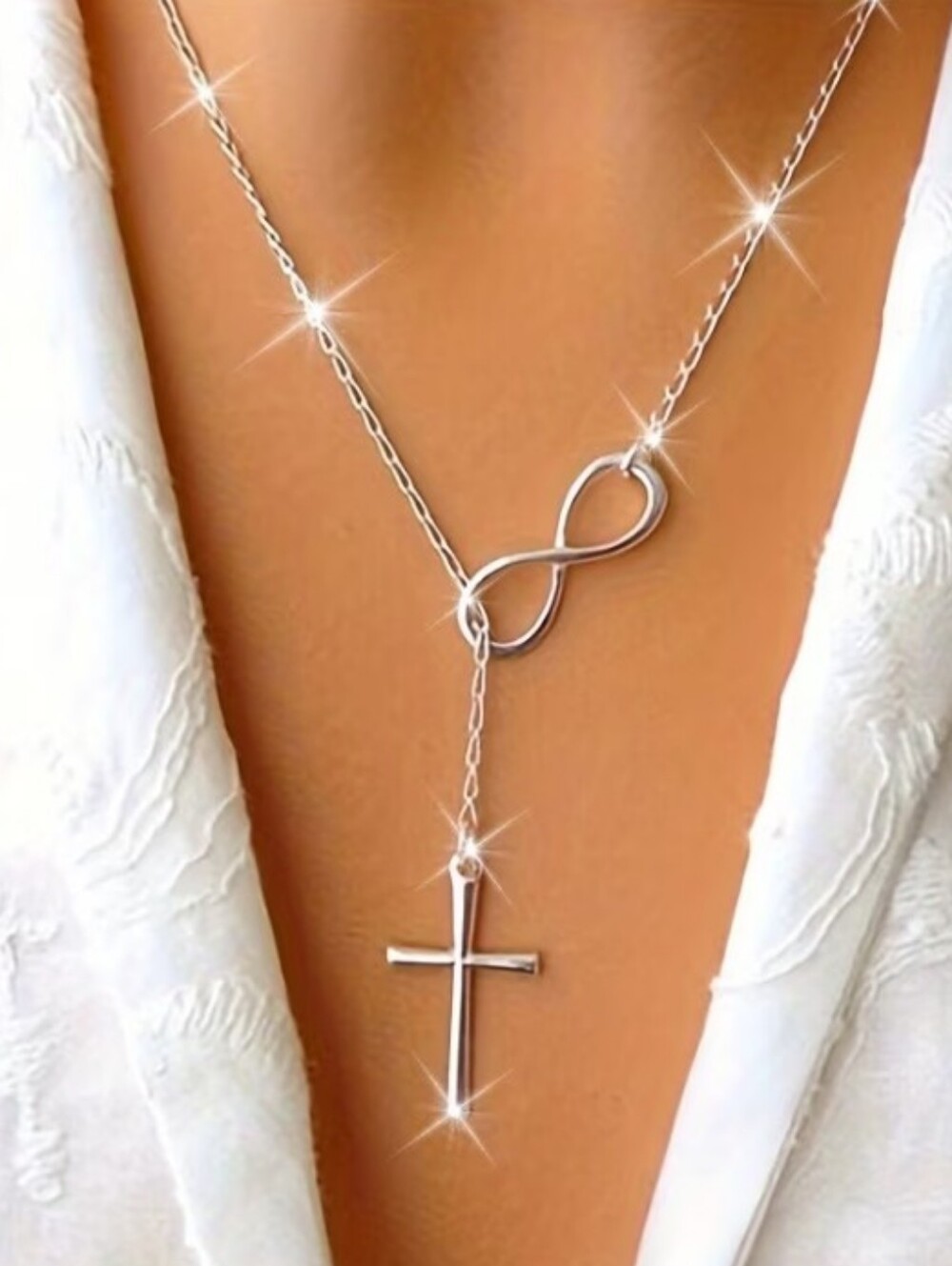 Silver Infinity Lariat Necklace with Cross Pendant - Women Jewelry